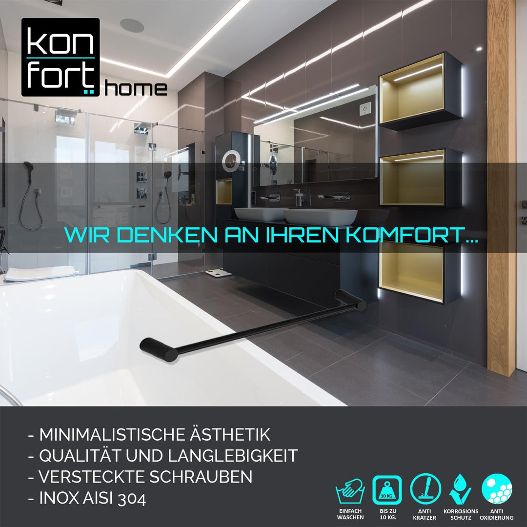 Kon-fort Home Handtuchhalter Schwarz 30cm zum Bohren Bad, Edelstahl Gebürstet Wandmontage, Handtuchs