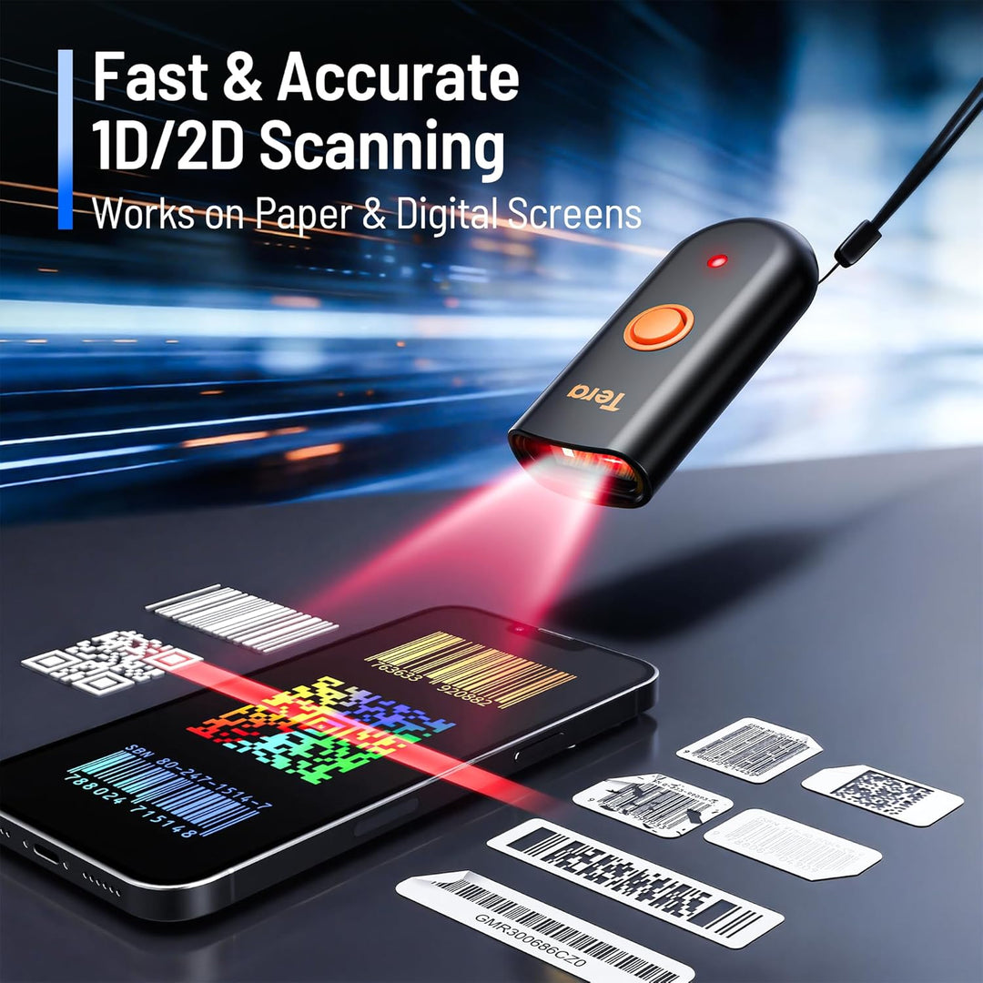 Tera Mini Tragbarer Barcode-Scanner CMOS Barcodescanner 3-in-1 Bluetooth & USB-Kabel & 2,4G Wireless