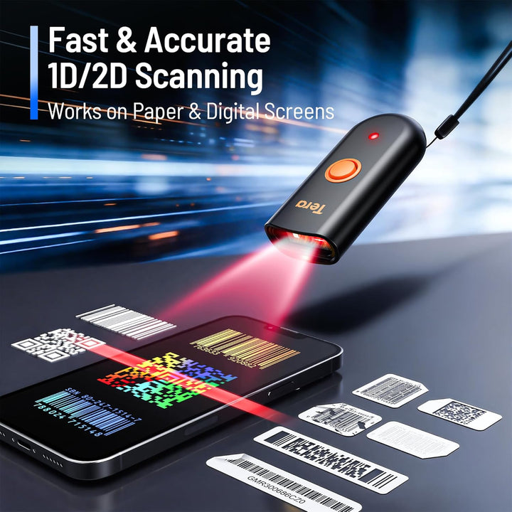 Tera Mini Tragbarer Barcode-Scanner CMOS Barcodescanner 3-in-1 Bluetooth & USB-Kabel & 2,4G Wireless