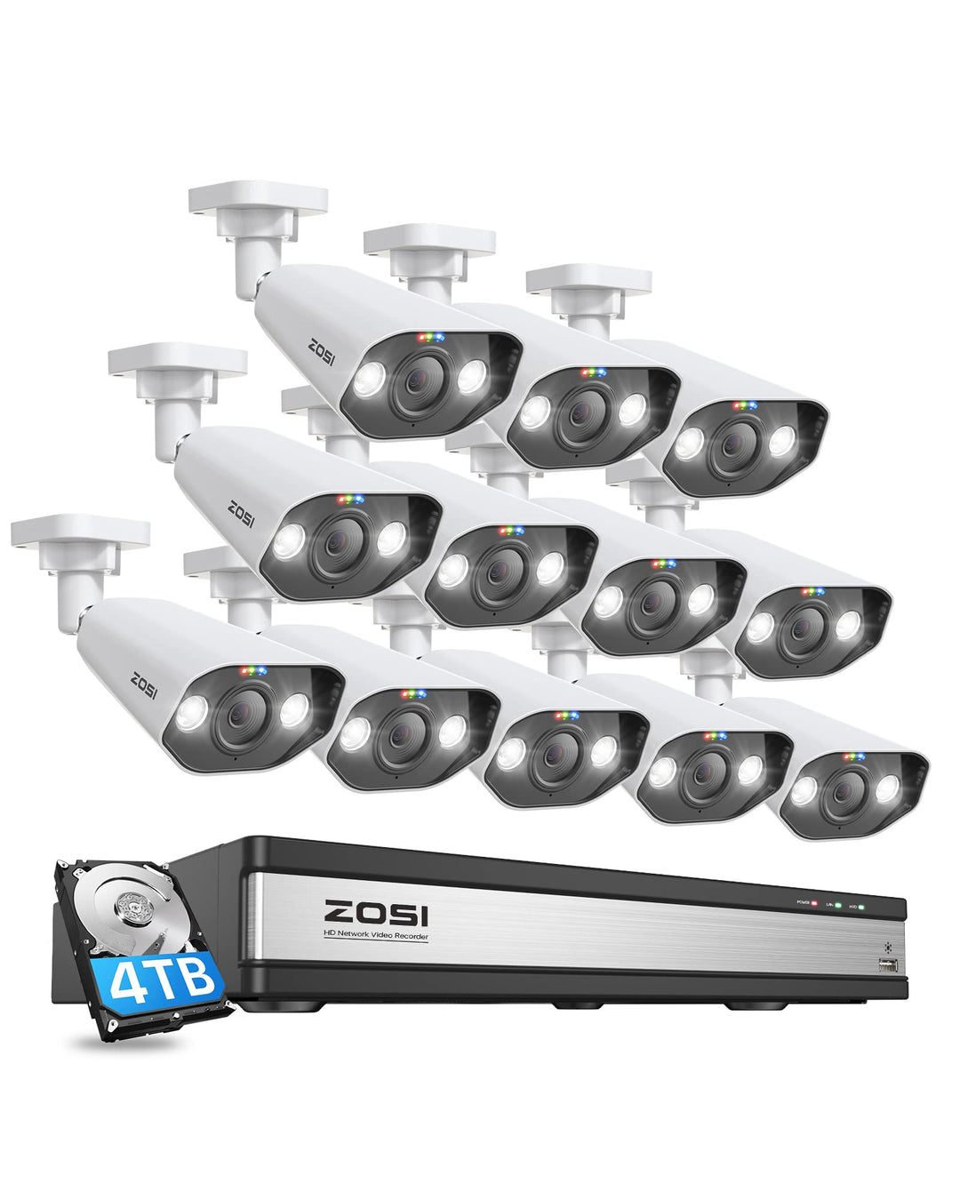 ZOSI 4K PoE Überwachungskamera Set mit 2 Wege Audio, 12x 8MP PoE IP Aussen Kameras und 16CH 4K 4TB H