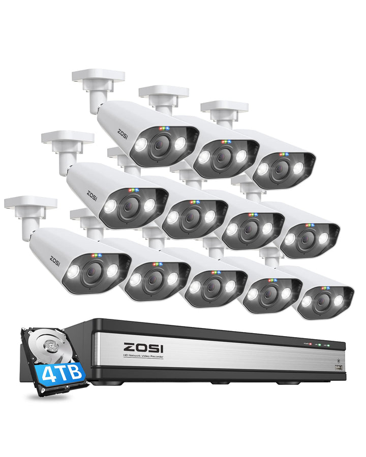 ZOSI 4K PoE Überwachungskamera Set mit 2 Wege Audio, 12x 8MP PoE IP Aussen Kameras und 16CH 4K 4TB H