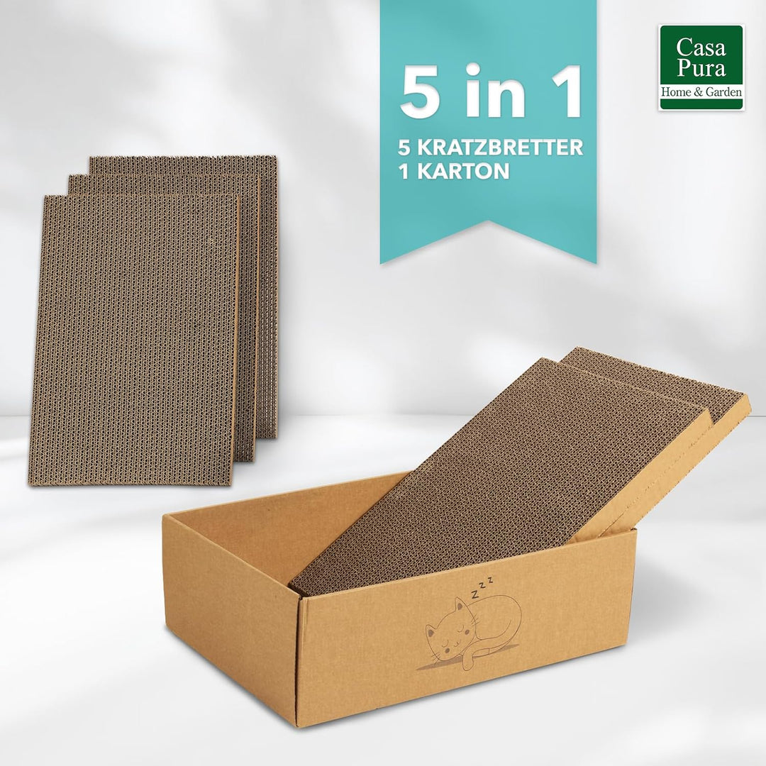 casa pura Katzenkratzbox Tiger mit 5 Kratzbrettern - 43,5 x 29,5 x 14 cm - Doppelseitige Kratzpappe