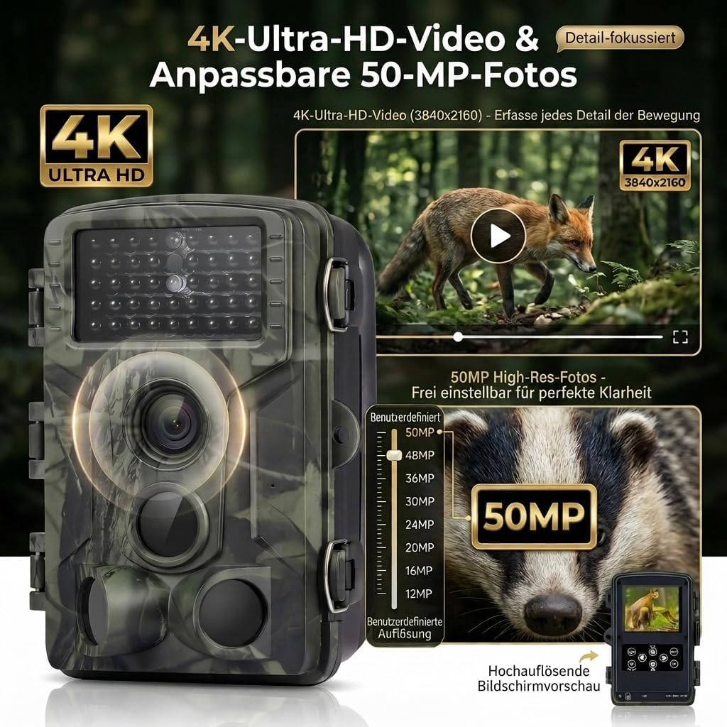 Wildkamera, 50MP 4K Wildtierkamera mit Bewegungsmelder Nachtsicht, IP65 Wasserdicht, Weitwinkel 120