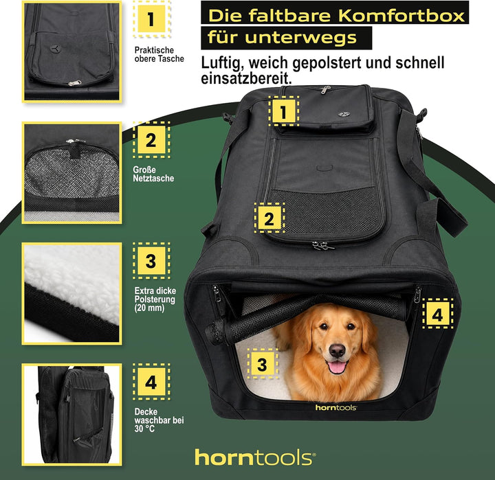 HORNTOOLS Faltbare Hundebox - Hundetransportbox mit Netzfenstern, Abnehmbarer Matte - Atmungsaktive