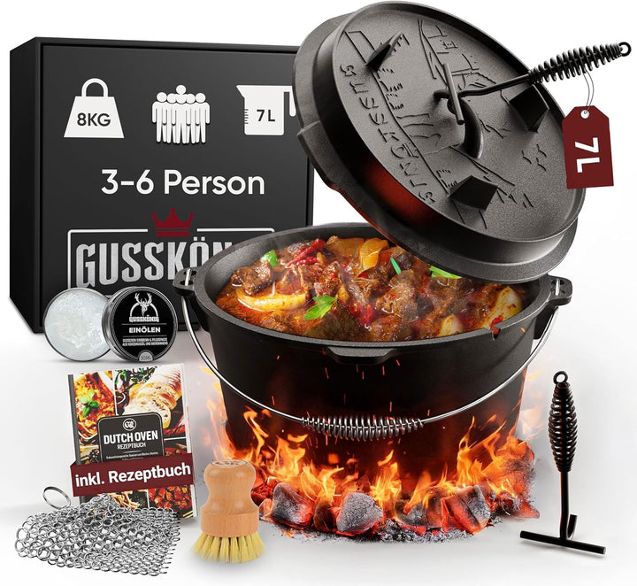 Dutch Oven Set 7 Liter [für 3-6 Person] – Eingebrannter Feuertopf mit Füsse, inkl. praktischem Decke