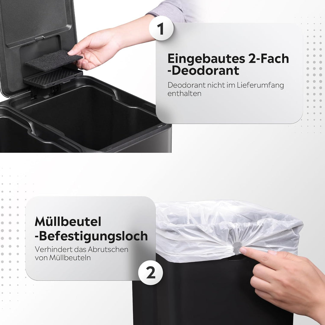 WLIVE Mülleimer 2 x 30L (60L Gesamtvolumen),Mülleimer Küche,Edelstahl Mülltrennsystem mit Mülleimer