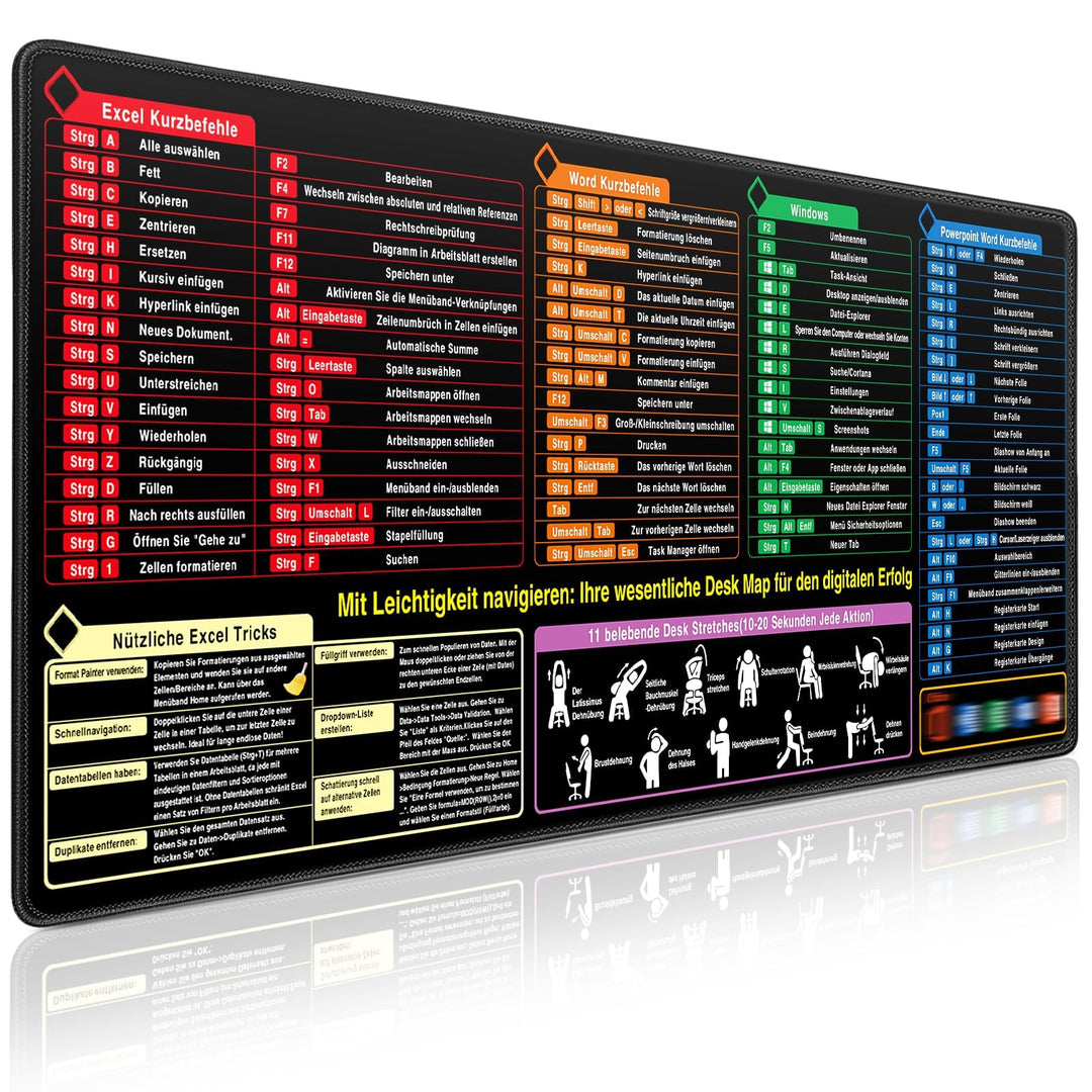 Mauspad XXL - Excel Shortcuts Schreibtischunterlage Deutsch 900x400mm Gaming Mousepad Desk Mat Gross