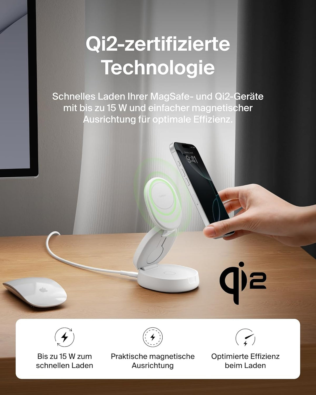 Belkin BoostCharge 3-in-1 Induktive Ladestation mit Qi2, 15W, MagSafe-kompatibles Ladegerät, Kabello