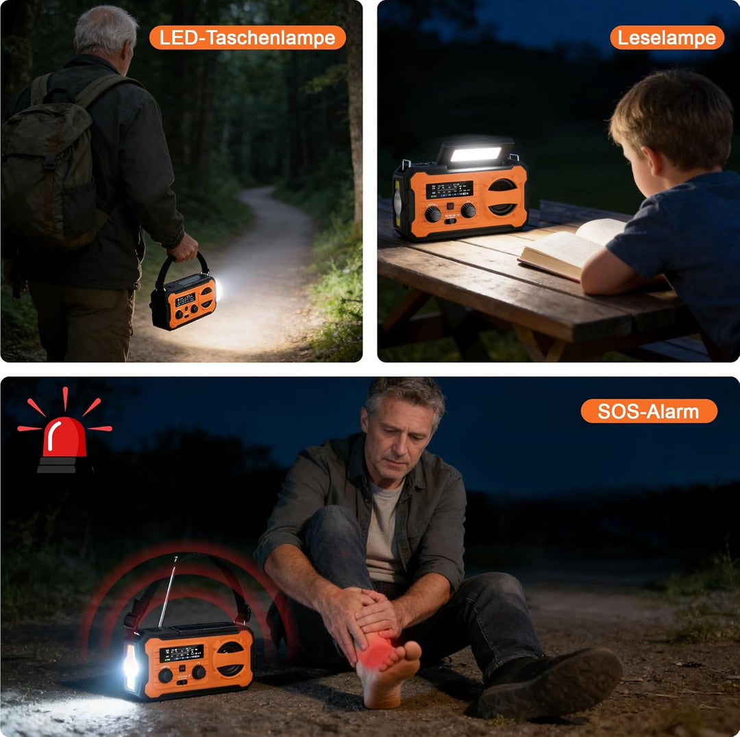 Kurbelradio, Tragbares Solarradio mit AM/FM, 10000mAh Powerbank, Notfallradio mit SOS-Alarm, LED-Tas