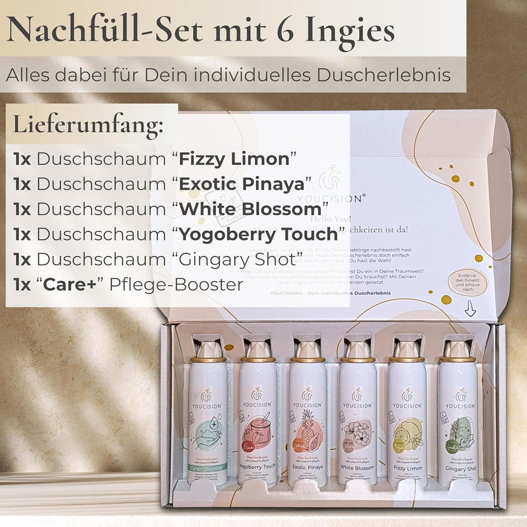 Ingie Nachfüll-Set 6×75 ml – Original Duschschaum-Kartuschen für den originalen Dispenser – Vegan, d
