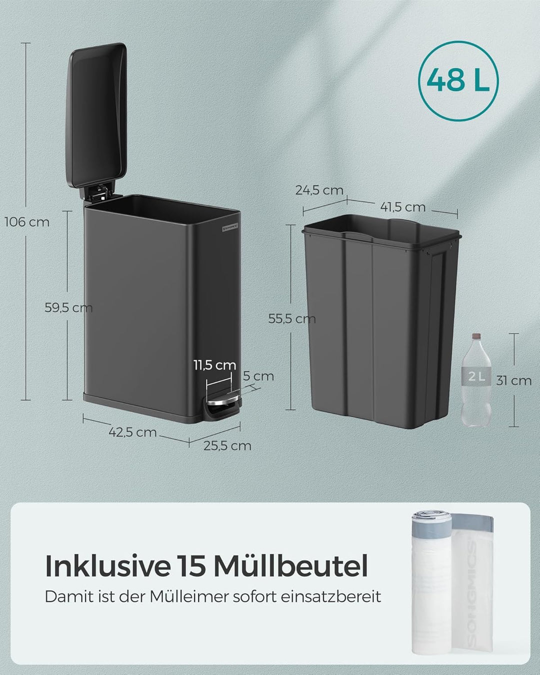 SONGMICS Mülleimer Küche, 48 Liter, schmal, Abfalleimer, Tretmülleimer für enge Räume, Küchenmülleim