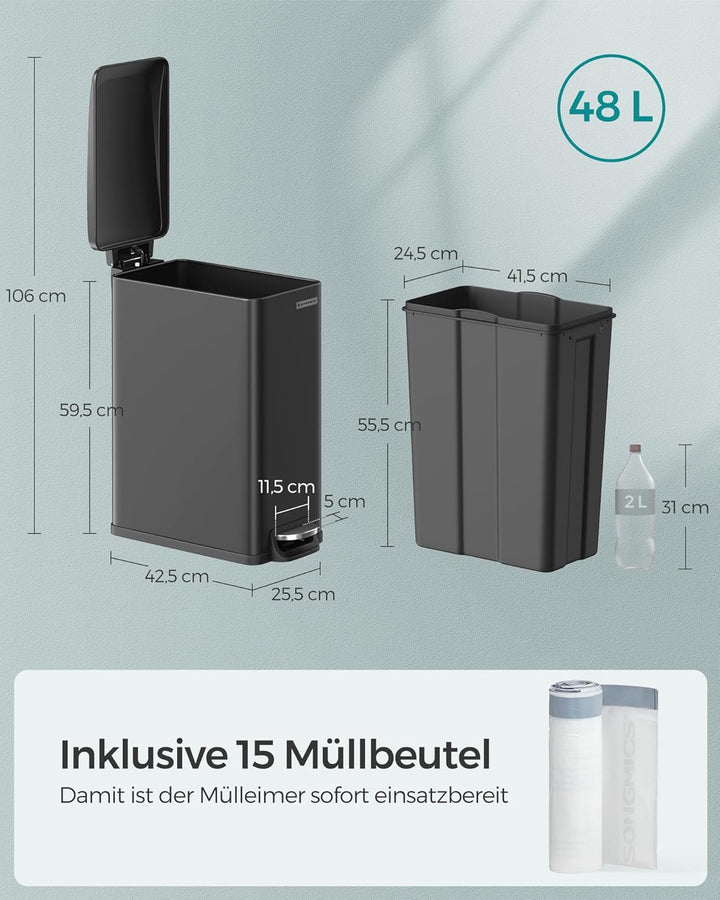 SONGMICS Mülleimer Küche, 48 Liter, schmal, Abfalleimer, Tretmülleimer für enge Räume, Küchenmülleim