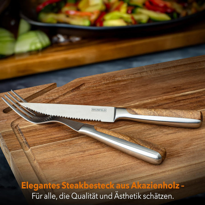 Pizza- und Steakbesteck (Akazienholz, 4 teilig) 4 teilig Edelstahl, 4 teilig Edelstahl