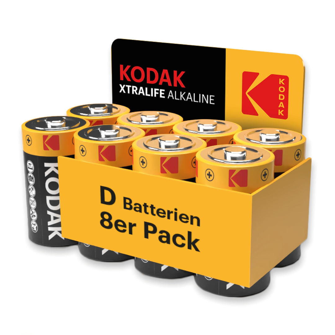 Kodak | D Zellen Batterien | 8 Stück | Einweg Alkalibatterie, LR20 | 1,5 V 8 Stück D, 8 Stück D