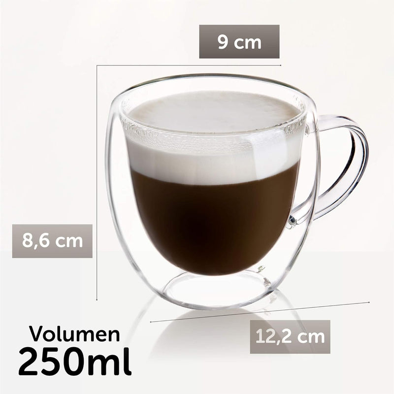 KADAX doppelwandige Glas Tasse, 250 ml, Glas mit breitem Griff, Trinkglas für Saft, Tee, Kaffee, Cap