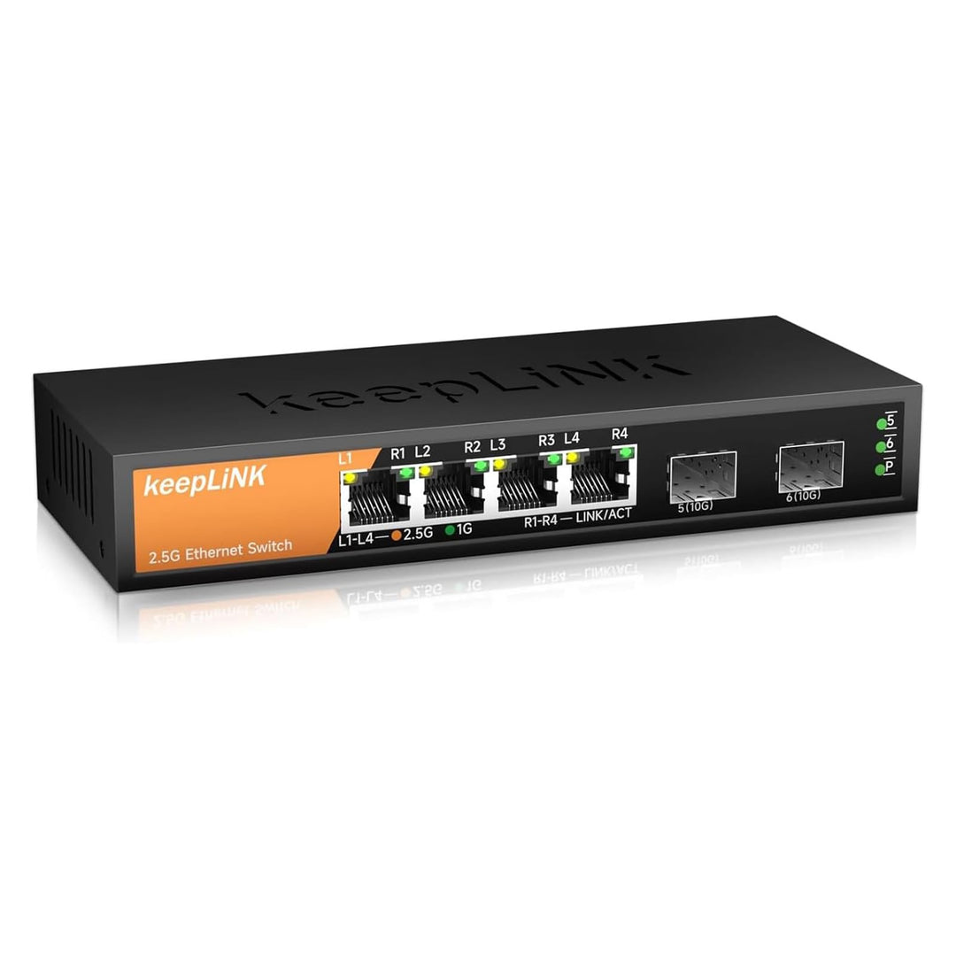 6-Port 2,5G Switch, Nicht verwaltet, 4 x 2,5GBASE-T-Ports und 2 x 10GBASE-T-SFP-Steckplätze, 60 Gbit