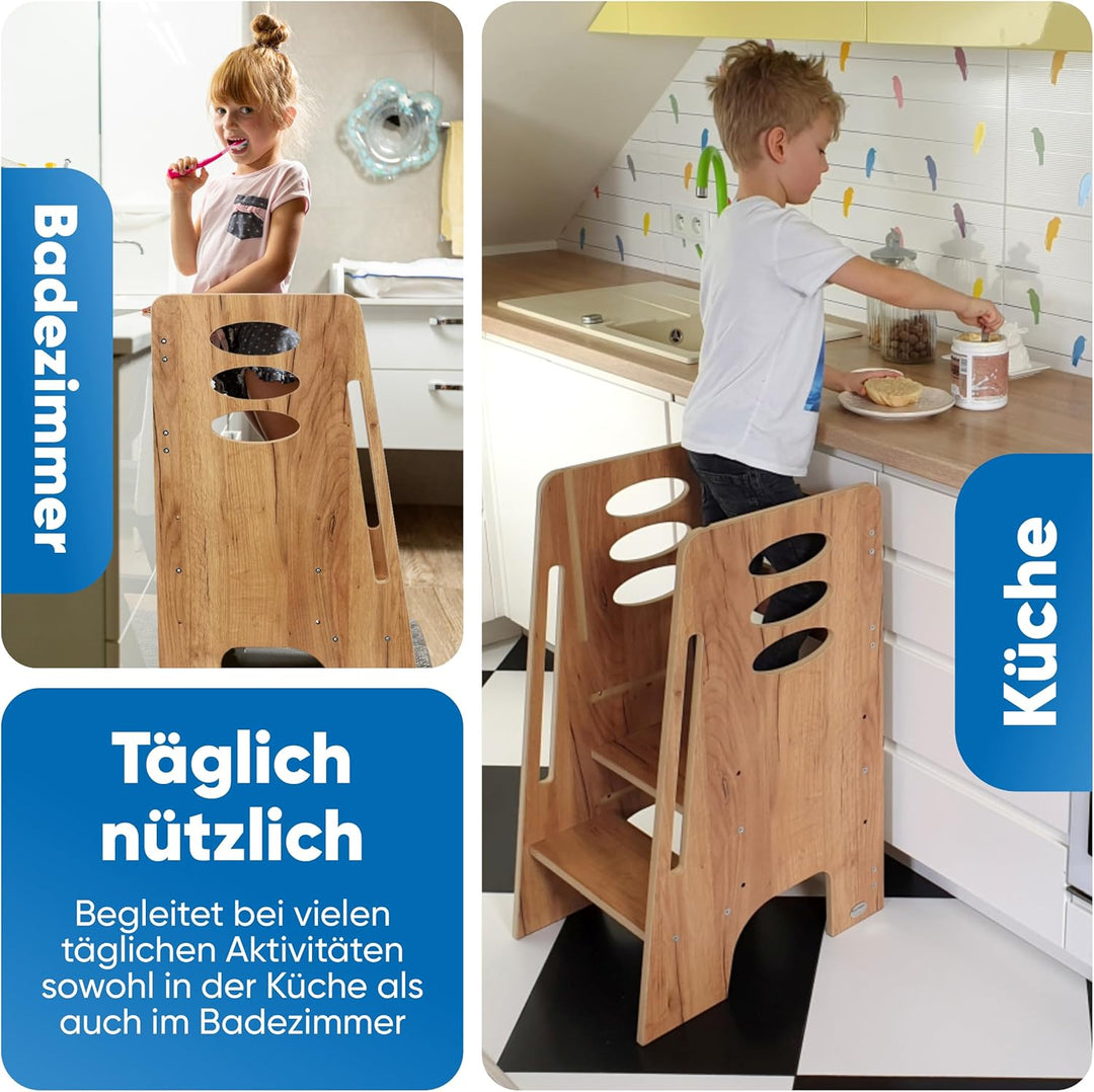 Kitchen Kids Helper Lernturm ab 1 Jahr - Höhenverstellbarer Lernturm Montessori Eiche 80cm - Sichere