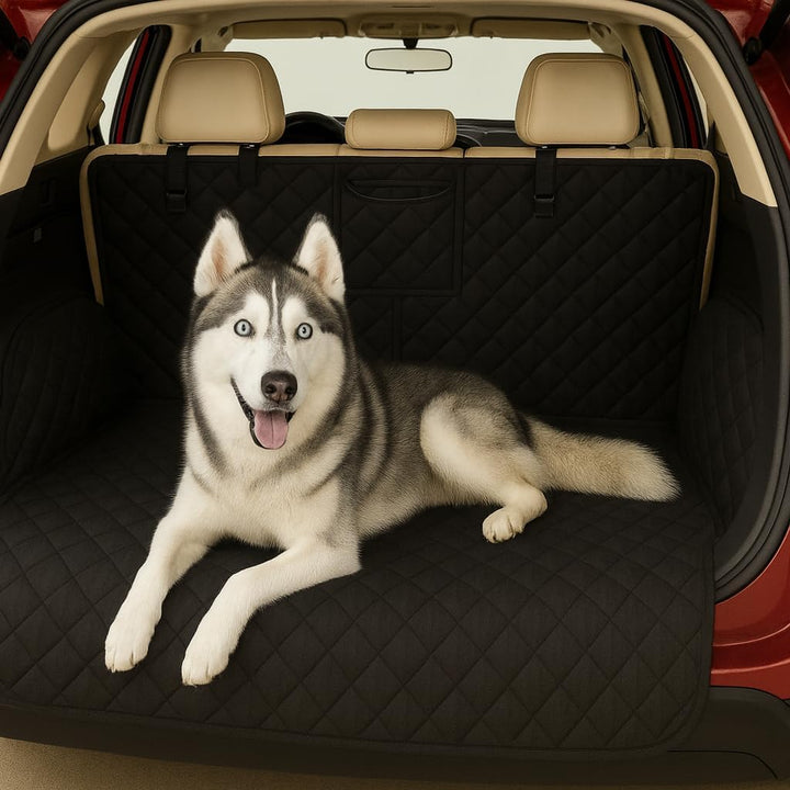 Hunde Auto Set - Wasserabweisende Kofferraumdecke & Verstellbares Hundegitter (90-155 cm breit, 75-1