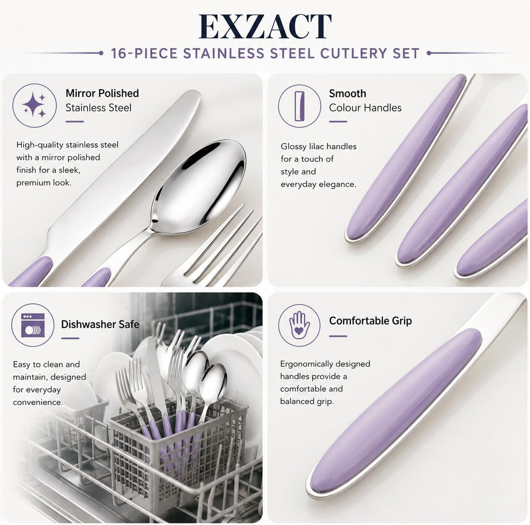 Exzact Rostfrei Stahl Besteck Set EX07 Flieder X 16, Flieder X 16