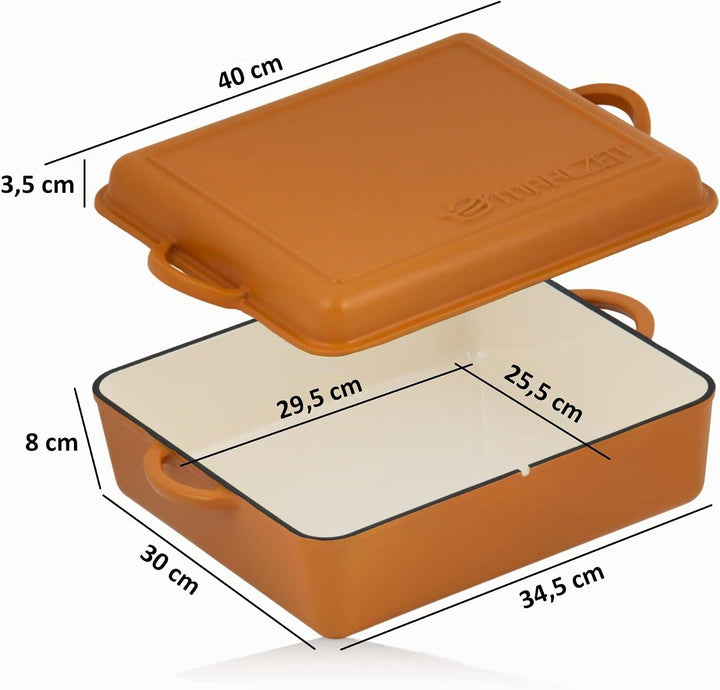 Mahlzeit Gusseisen Bräter emailliert | 10,8 Liter | Sunny Orange | Bräter 2in1 mit Bratpfanne | Brät