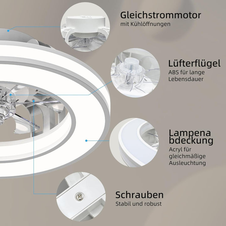 Ateroll Deckenventilator mit Beleuchtung Ø41.5CM, Deckenventilator mit Licht Dimmbar (3000K-4000K-65