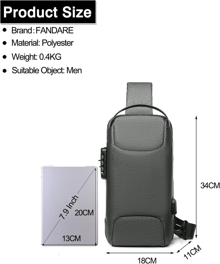 FANDARE Brusttasche Sling Bag Geschäft Schultertasche mit USB-Ladeanschluss Passwortschutz Crossbody