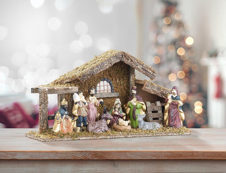 Britesta Krippe: Hochwertige Holz-Weihnachtskrippe, grosse handbemalte Porzellan-Figuren (Krippe