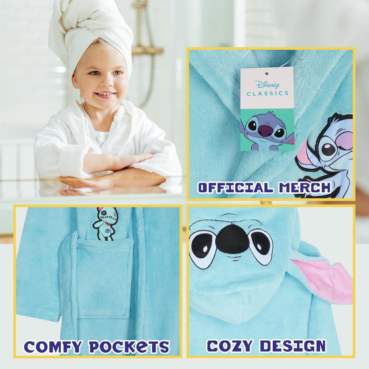 Disney Stitch Bademantel Kinder Mädchen, Morgenmantel mit Kapuze & Taschen - Geschenke für Mädchen &