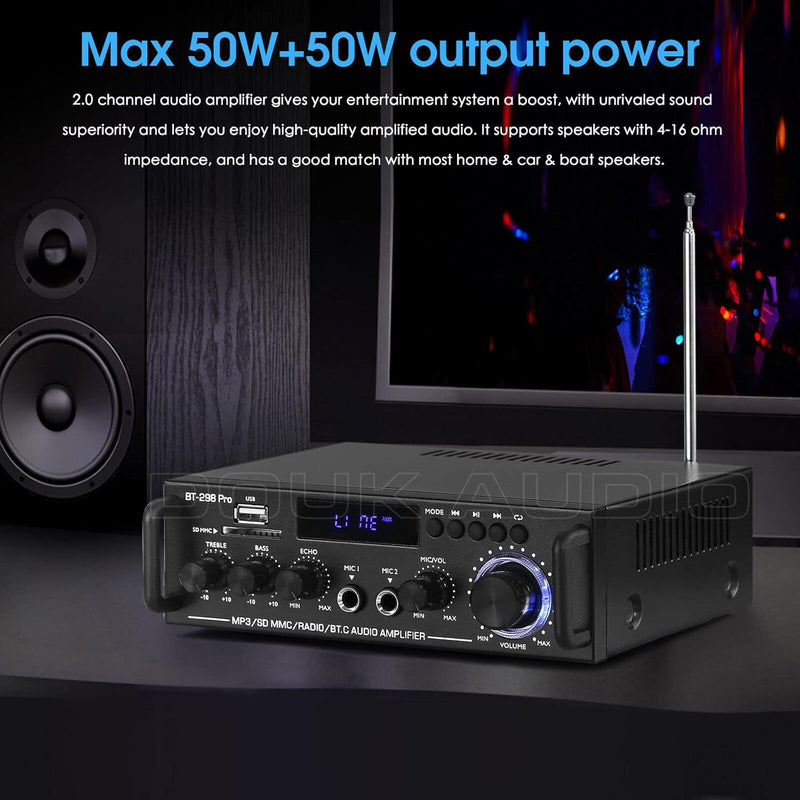 Dual-MIC Bluetooth 5.0 Auto Verstärker Stereo USB-Player FM für Heim-/Autolautsprecher 50W×2