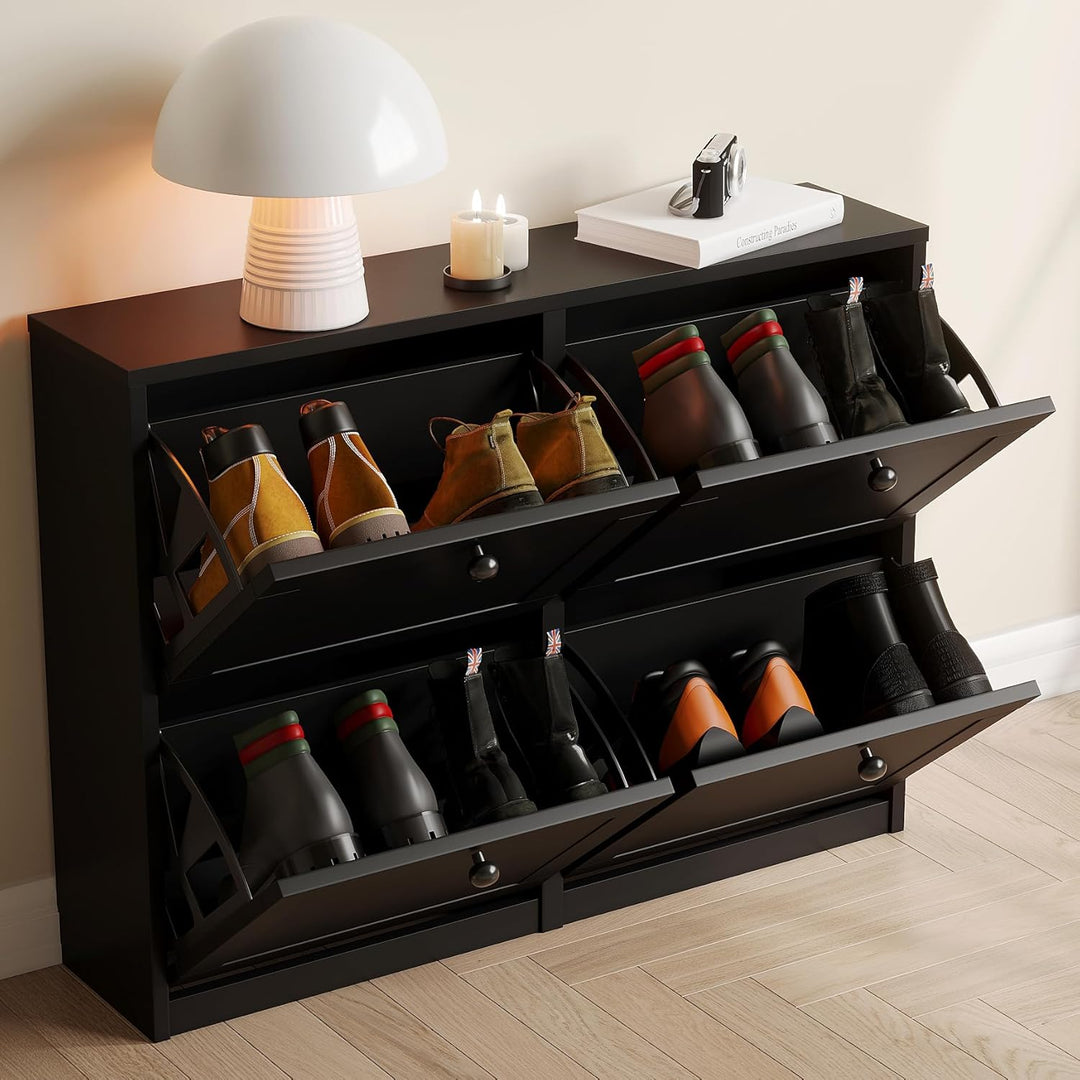 VOWNER Schuhschrank Schuhkipper Schmal 105x24x80cm (Schwarz) | Schuhregal mit 4 Klappen, 8 Fächern,