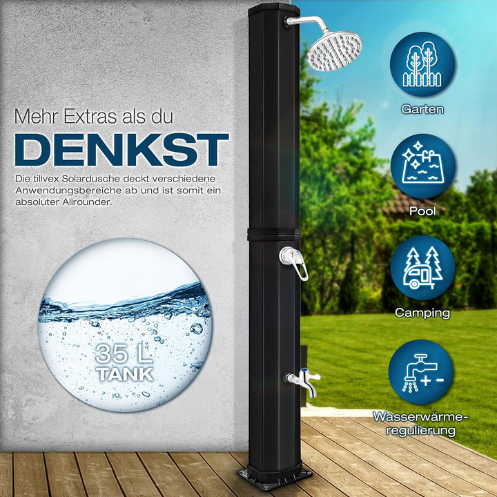 tillvex Solardusche 35 Liter inkl. Schutzhaube | Solar Garten-dusche warmes Wasser | Pooldusche Camp