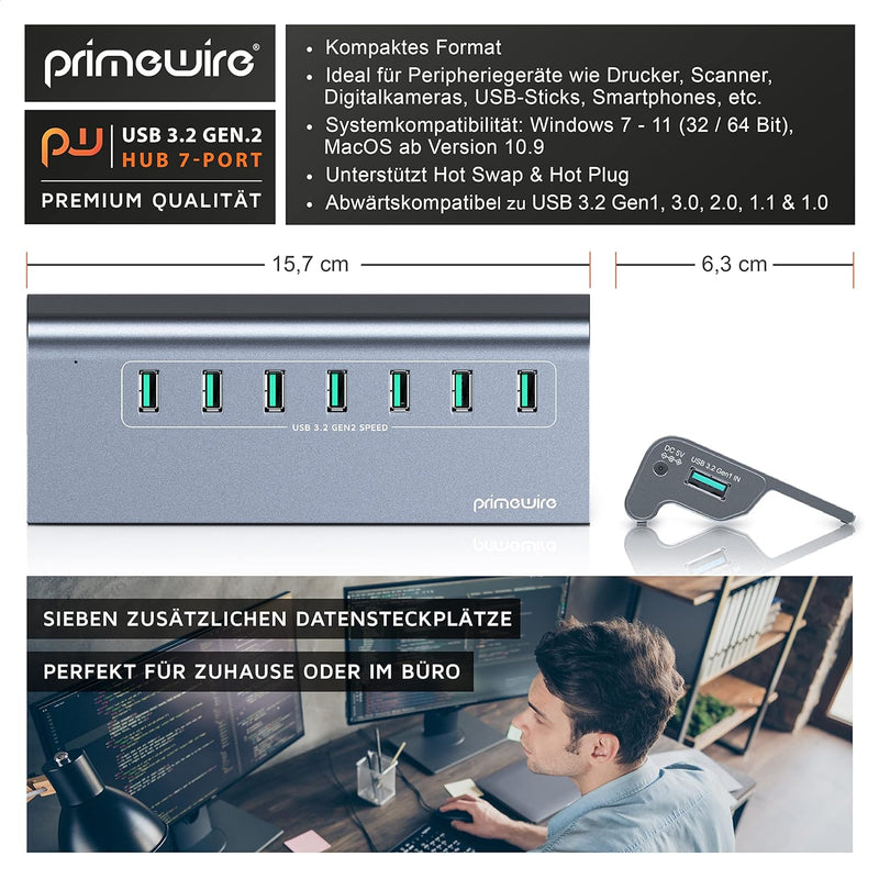 CSL - USB 3.2 Gen2 Hub - 7 Port Verteiler aktiv - 10 Gbit/s – Aktiver Betrieb – mit Netzteil – Metal