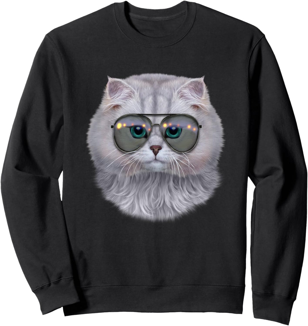 Weisse Katze, die Fliegersonnenbrille trägt Sweatshirt