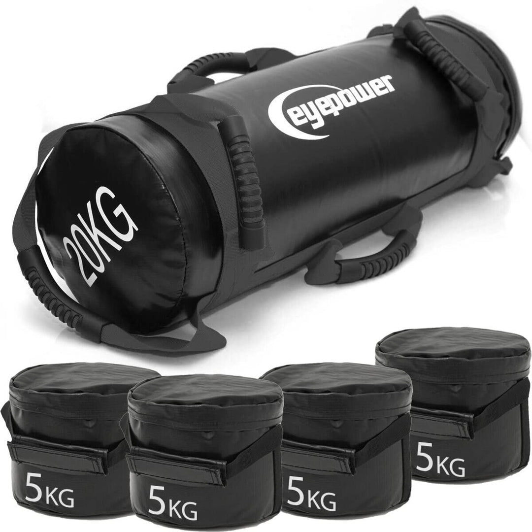 eyepower 20kg Profi Power Bag + 4 Wasserdichte Kettlebell Gewichte mit Eisensand - Besser als Geräte