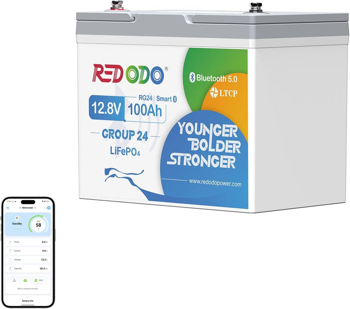 Redodo 12V 100Ah LiFePO4 Batterie mit Bluetooth, 100A BMS, 1280Wh, bis zu 15000 Zyklen, 10 Jahre Leb