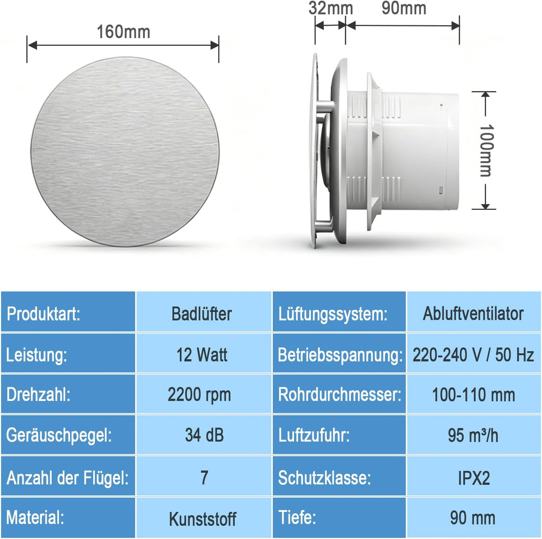 Abluftventilator 100mm, Badlüfter Mit Ruckstauklappe, Badezimmerlüfter - Deckenmontage Wandmontage f