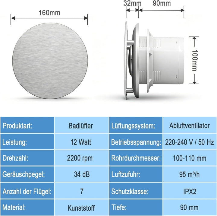 Abluftventilator 100mm, Badlüfter Mit Ruckstauklappe, Badezimmerlüfter - Deckenmontage Wandmontage f