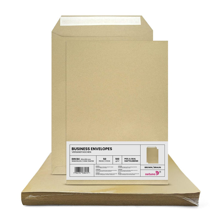 Netuno 50 Versandtaschen DIN B4 Braun 250 x 353 mm 100g braune Versandtaschen gross ohne Fenster ger