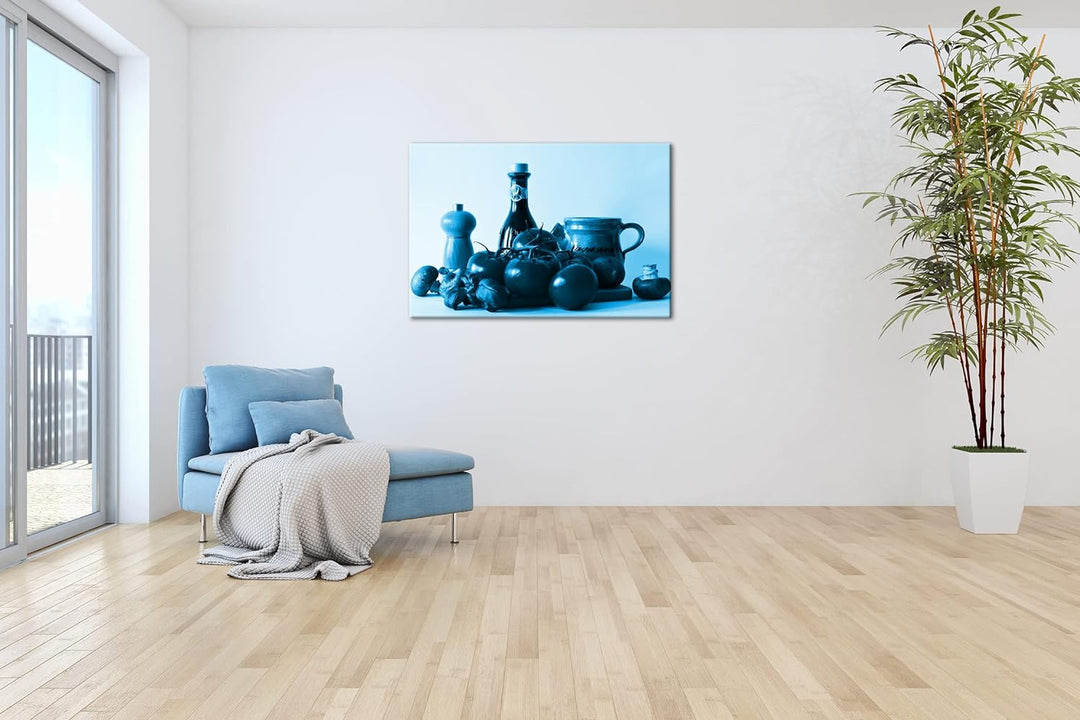 deyoli gesunde Nahrungsmittel auf einem Holzbrett Format 80x60 Effekt: Monocrome Blau als Leinwandbi