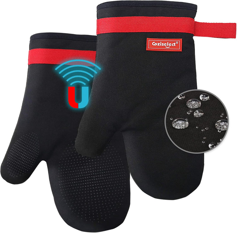 Coziselect Ofenhandschuhe, Hitzebeständige Handschuhe, Silikon Anti-Rutsch Design, Magnetisches Desi