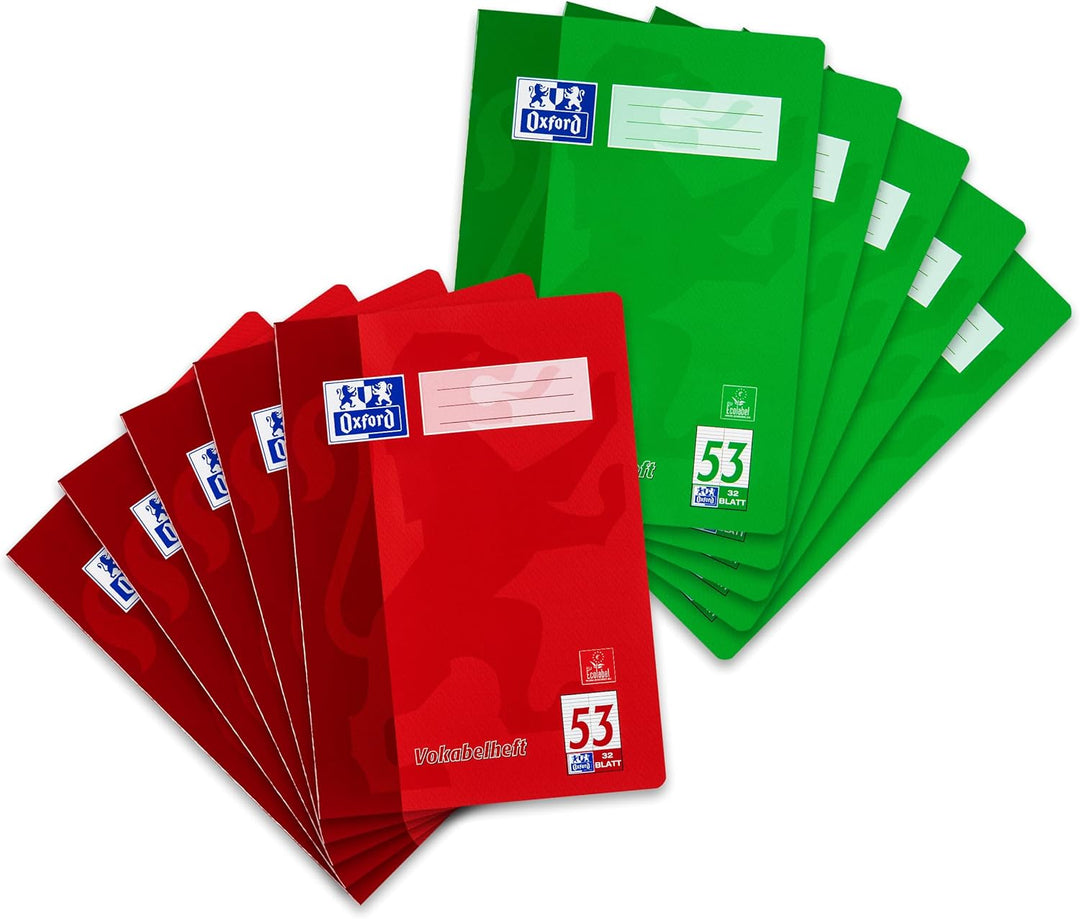 Oxford Vokabelheft, A4, Lin. 53 (2 Spalten), 32 Blatt, rot und grün, 10 Stück Single, Single