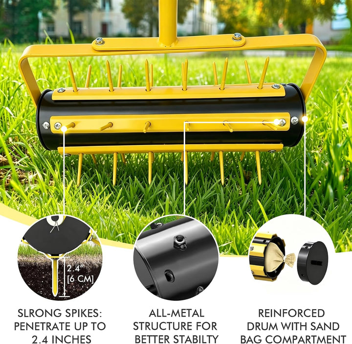 LIROPAU Rasenlüfter Walze, Rasenbelüfter Manuell, Handvertikutierer Rollend mit 36 Nägeln 5.8cm & T-