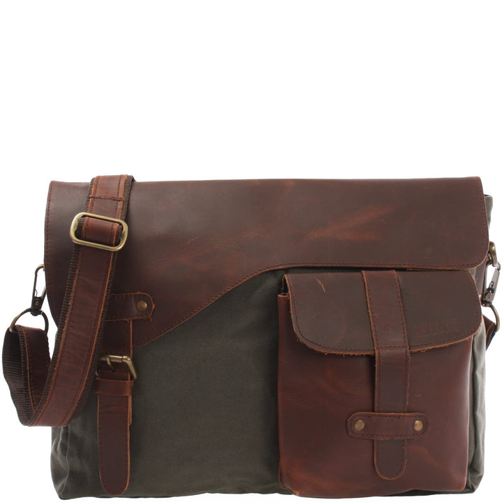 LECONI Messenger Bag DIN A4 Leder Canvas Damen & Herren Schultasche Retro look Collegetasche Umhänge
