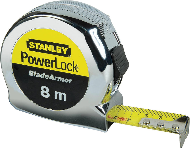 Stanley Bandmass Micro Powerlock (8 m Länge, Feststeller, Rücklauf, Gürtelclip, verchromt, Mylar-Sch