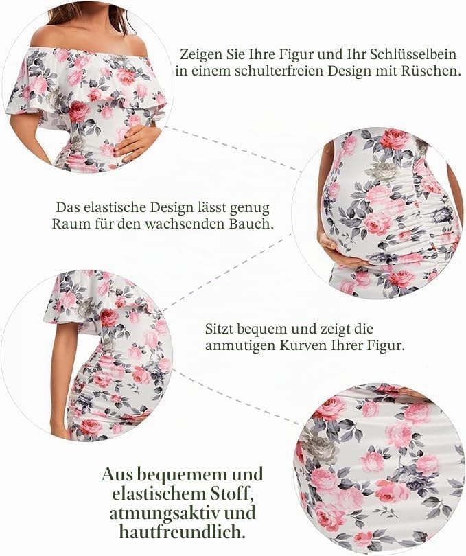 Shen&amp;Qege Umstandskleid Lässig mit Schulterfreiheit, Rüschen, ärmellos, Bodycon, Umstandsmode Sommer