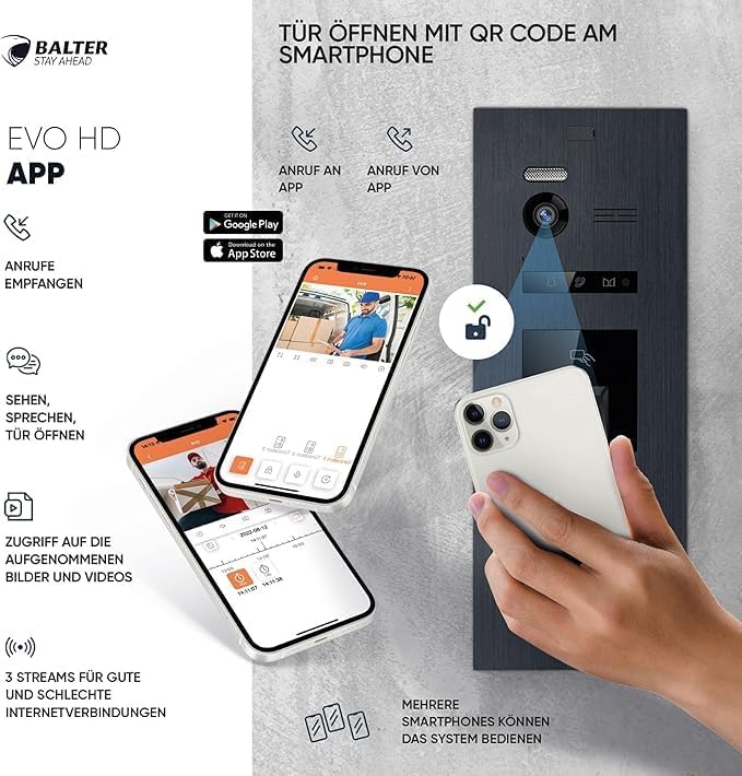 Balter EVO-HD Video Türsprechanlage mit Fingerprint, Video Türklingel, Smartphone App, 4 Familienhau