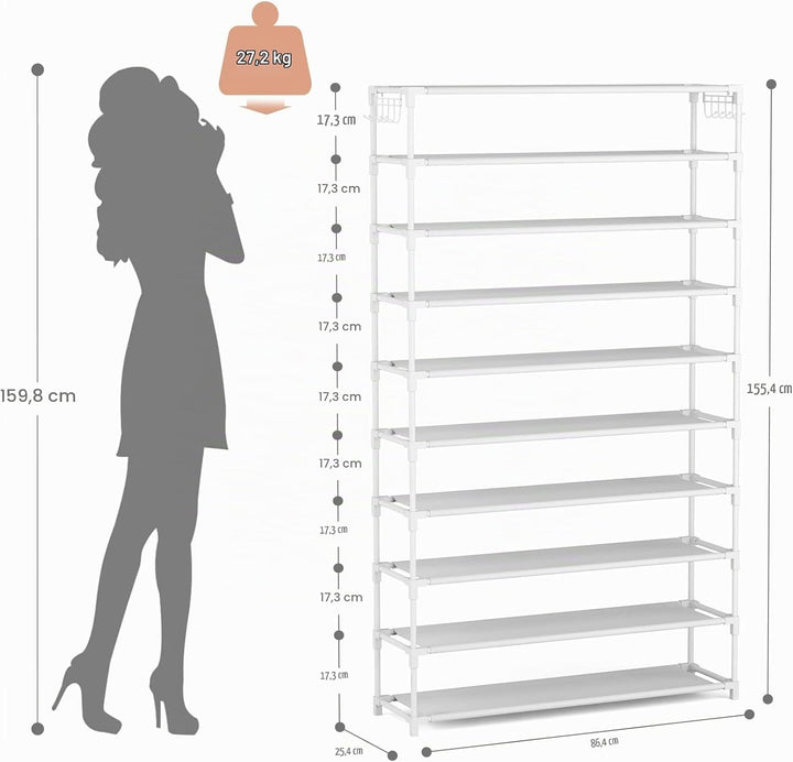 Schuhregal 10 Ebenen, Schuhschrank Metall für 50 Paar Schuhe, Schuhorganizer 155cm Hoch, Schuhaufbew
