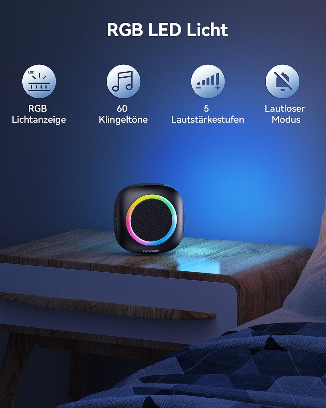 TECKNET Funkklingel, Kabellose Türklingel Batteriebetrieben mit RGB Licht, 60 Melodien, IP66 Wasserd