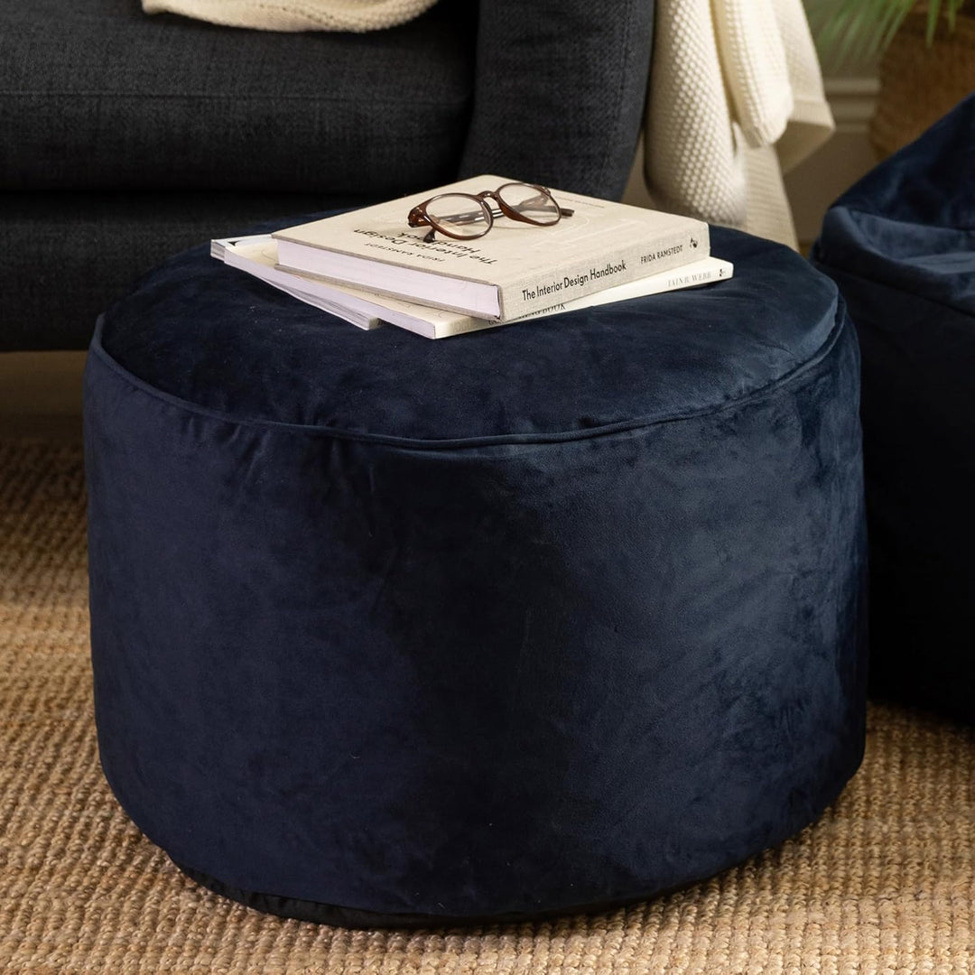 Icon Milano Hocker, Dunkelblau, Flauschiger Samt Stoff, Samt Sitzsack, Sitzpuff, Pouf Hocker mit Fül