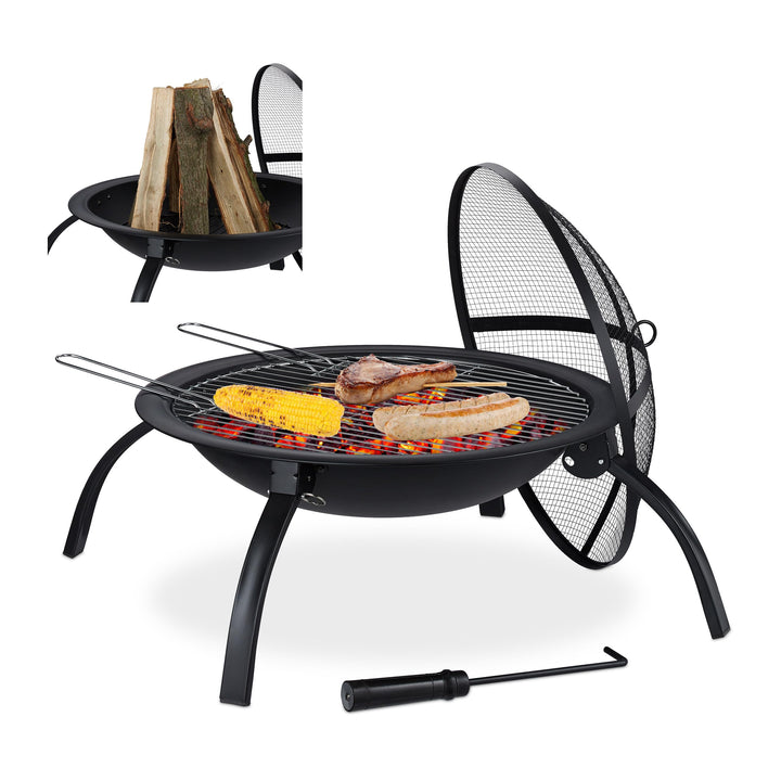 Relaxdays XL Feuerschale, Grill Rost, Schürhaken, Funkenschutz Deckel, Garten, Terrasse, Feuerstelle